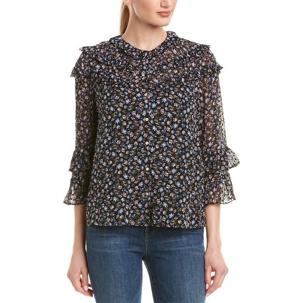 Rebecca Taylor Silk Blend Ruffle Floral Blouse Black Blue Size 4
